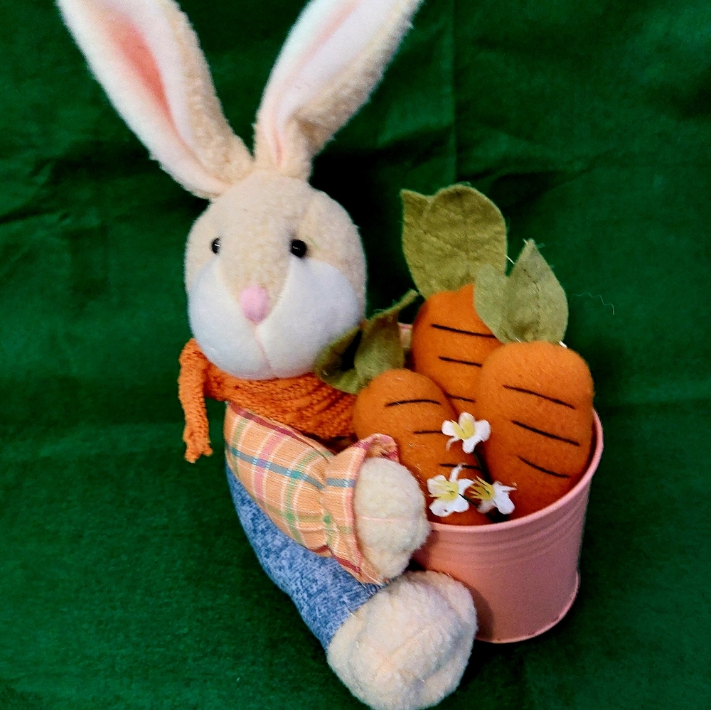 PLUSH EASTER RABBIT WITH BUCKET OF CARROTS